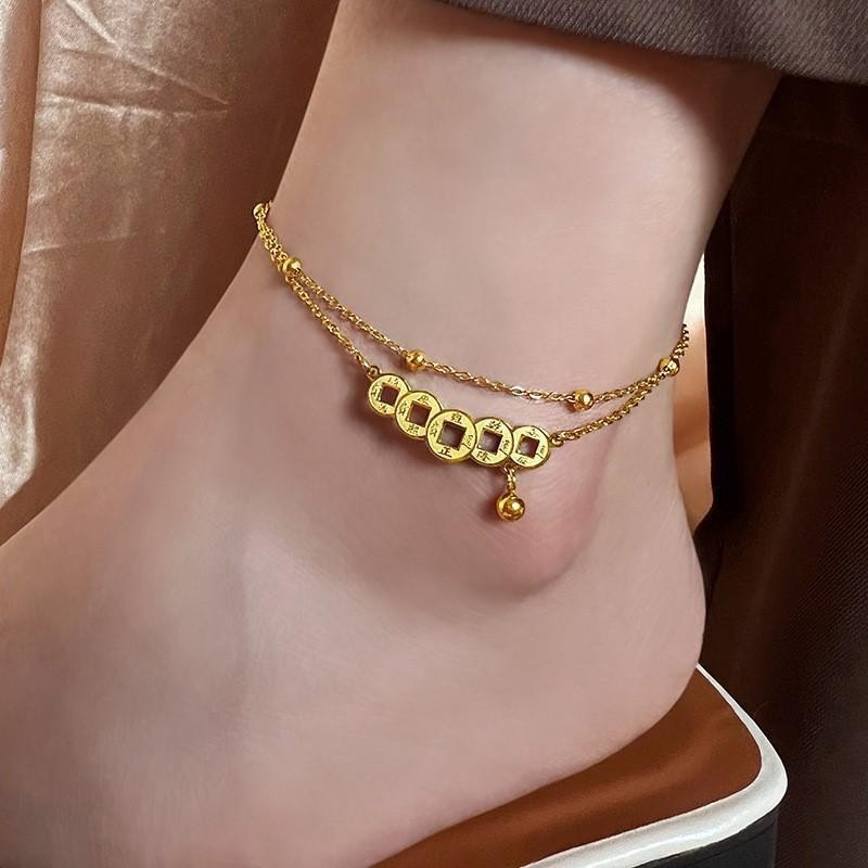 6608 Double-Layer Copper Coin Anklet, Gold